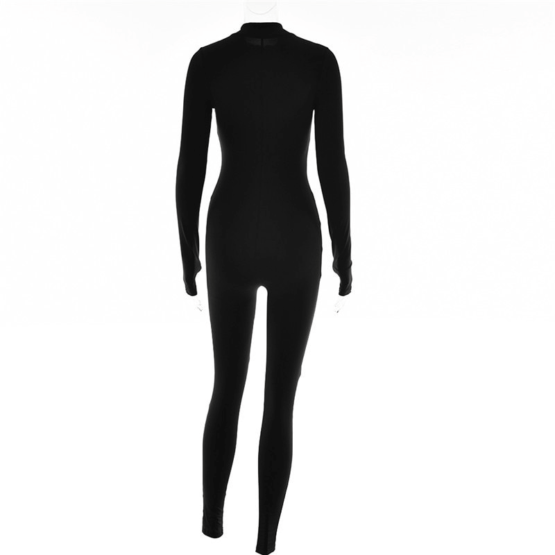 Back view of black sports female jumpsuit with long sleeves and front zipper, model SF1061, designed for comfort and style in physical activities.